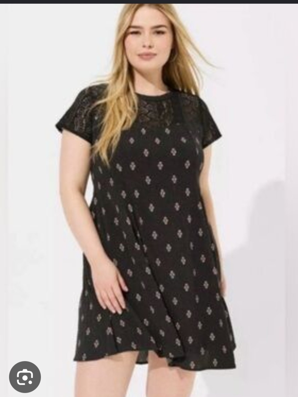 Torrid Mini Black Lace Short Sleeve Dress with Cream Floral Details